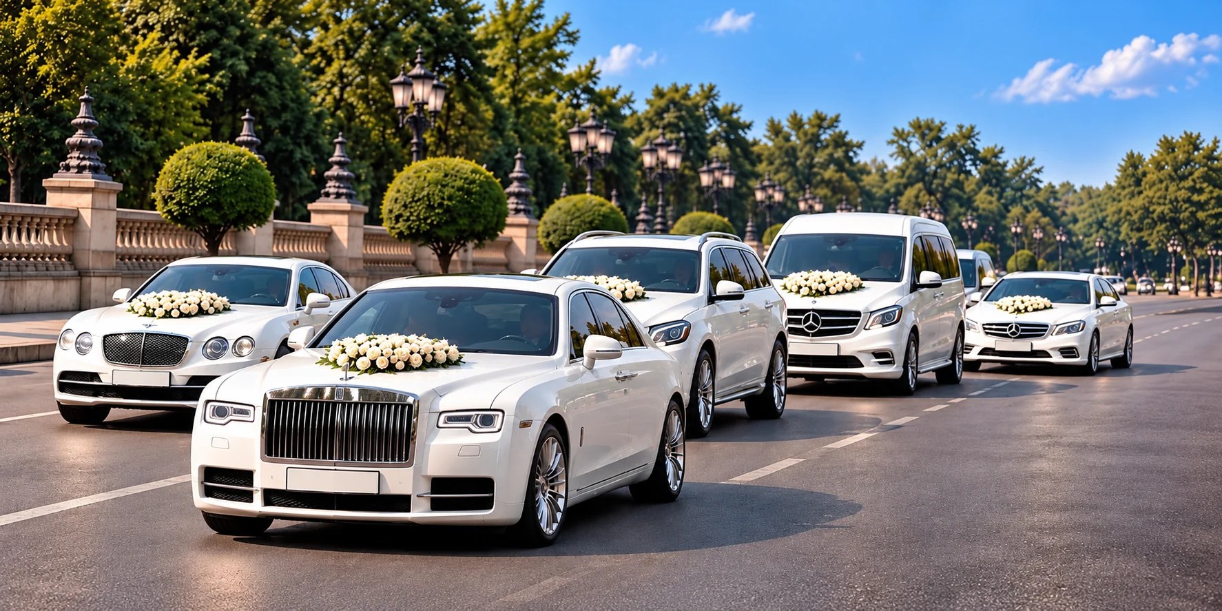 White luxury wedding car convoy with elegant floral decoration